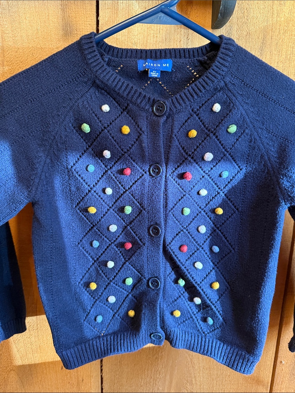 Maison Me Navy Kids Cardigan with Multicolor Pom Details